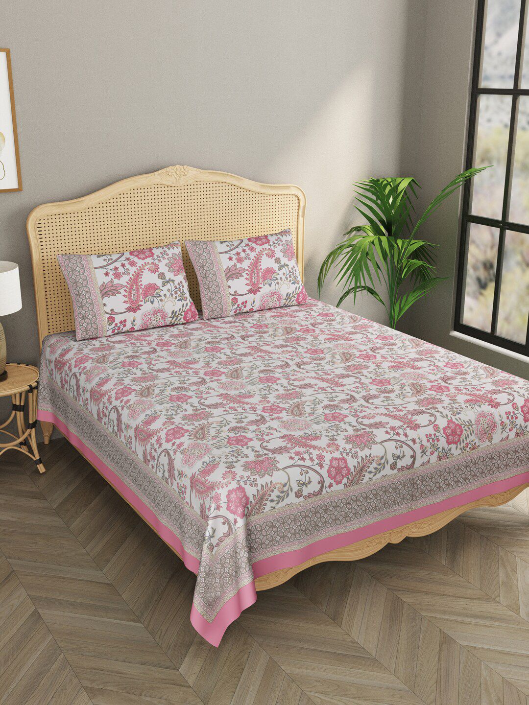 Gulaab Jaipur Pink Floral 600 TC King Bedsheet with 2 Pillow Covers Price in India