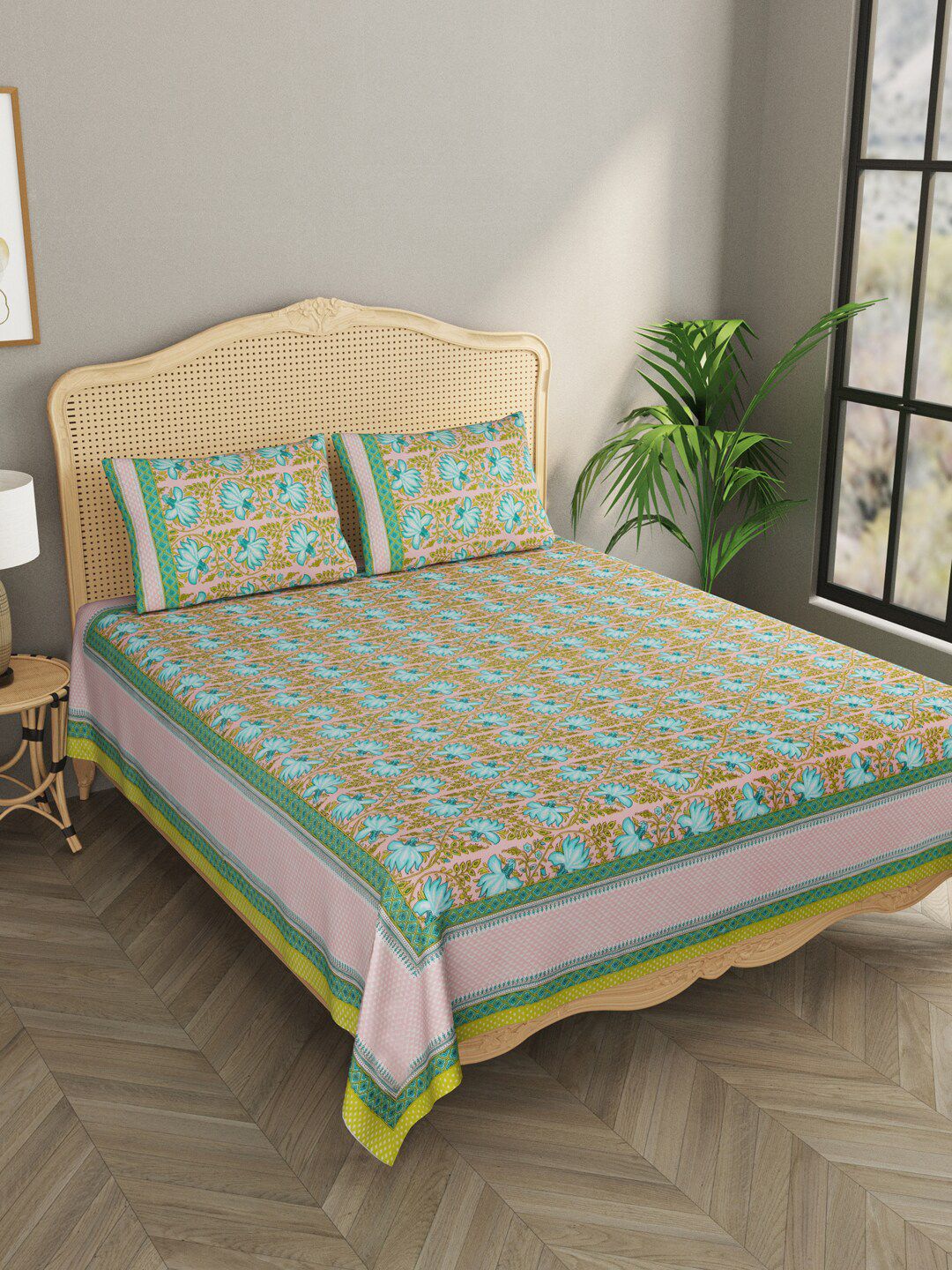 Gulaab Jaipur Blue & Green Cotton 600 TC King Bedsheet with 2 Pillow Covers Price in India