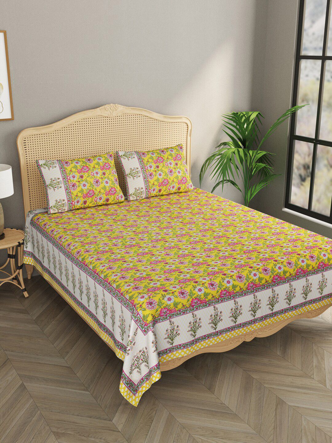 Gulaab Jaipur Yellow & Pink Floral 600 TC King Bedsheet with 2 Pillow Covers Price in India