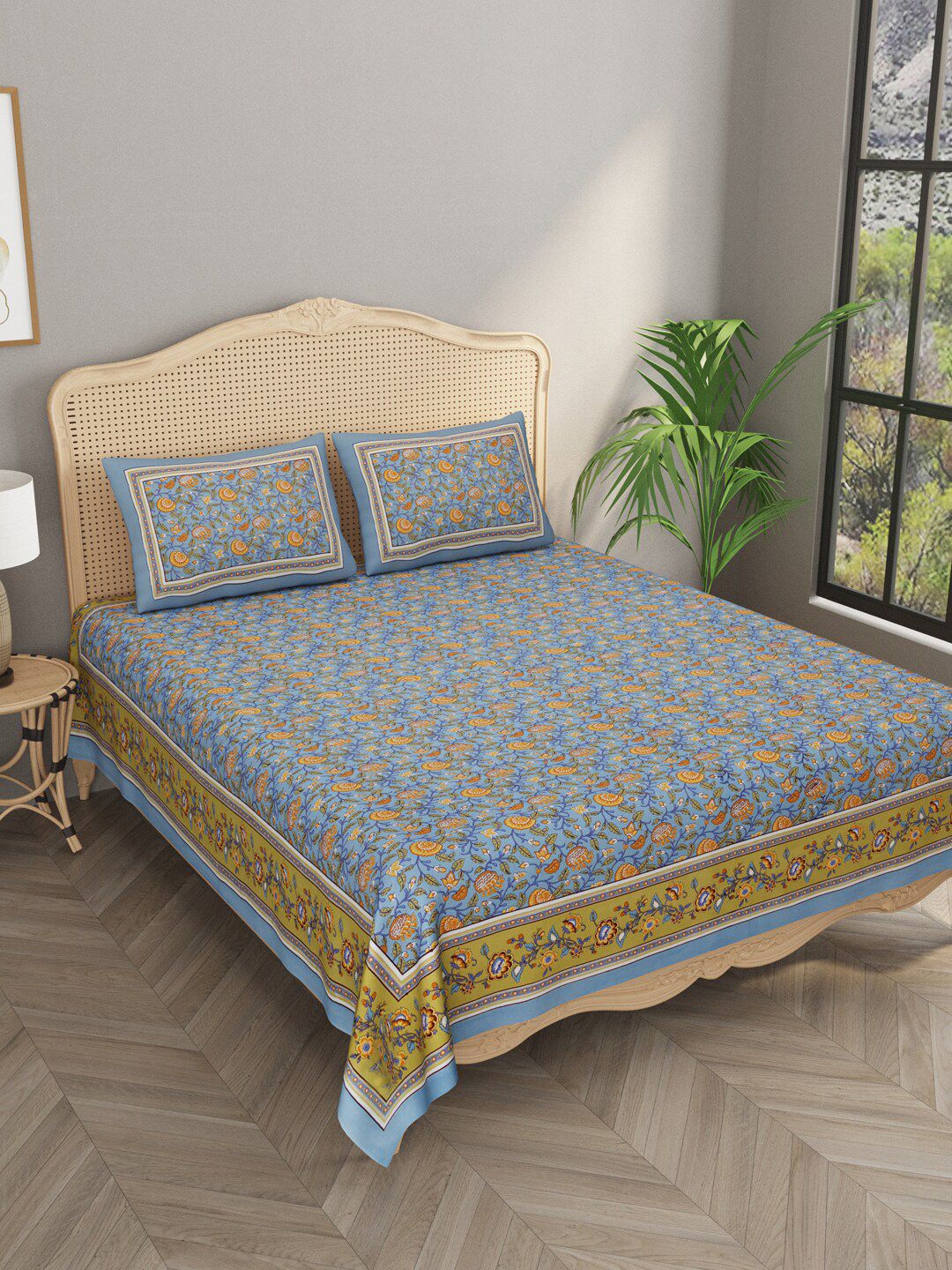Gulaab Jaipur Blue & Green Floral 600 TC Cotton King Bedsheet with 2 Pillow Covers Price in India