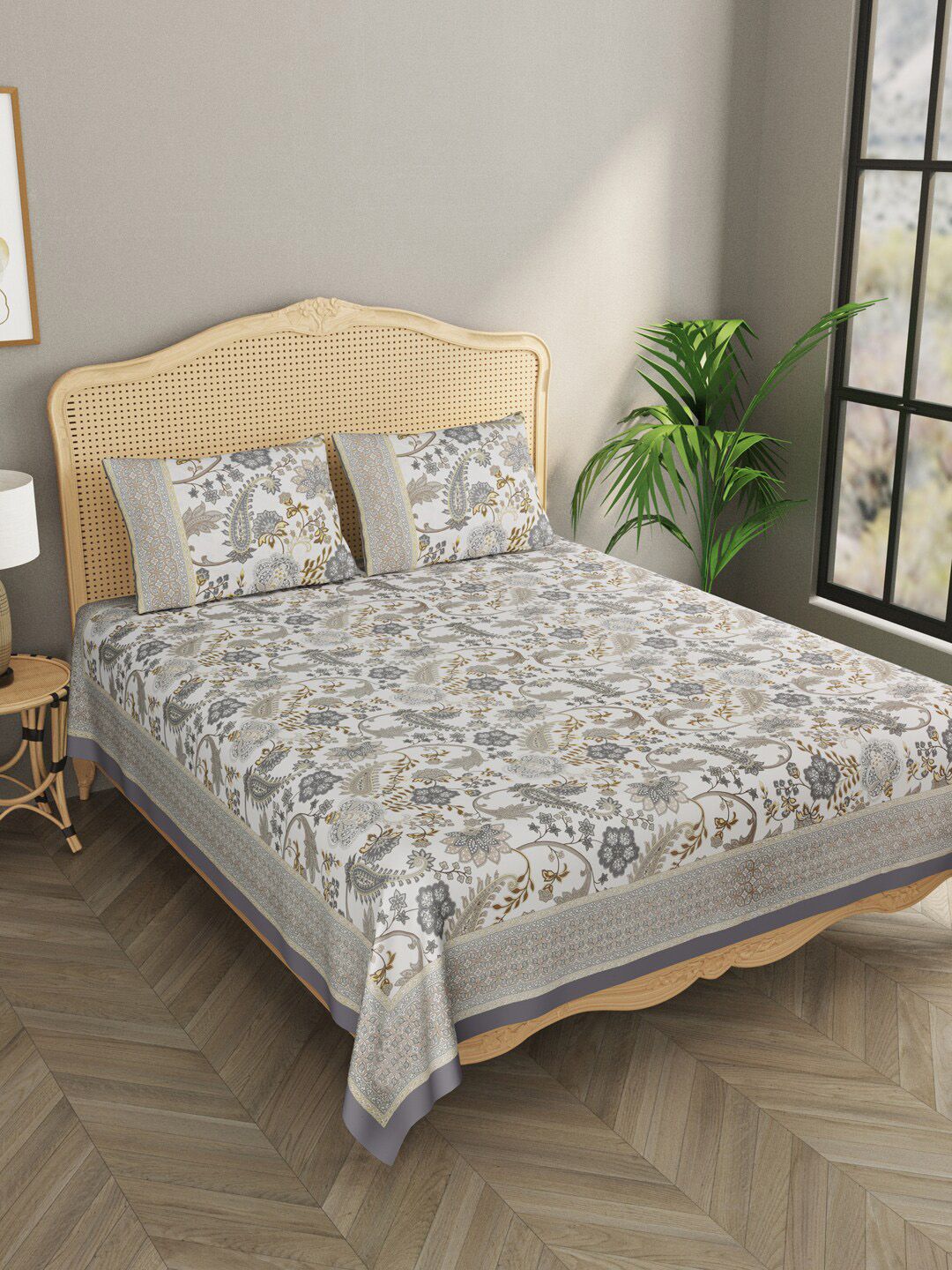 Gulaab Jaipur Grey & White Floral 600 TC King Bedsheet with 2 Pillow Covers Price in India