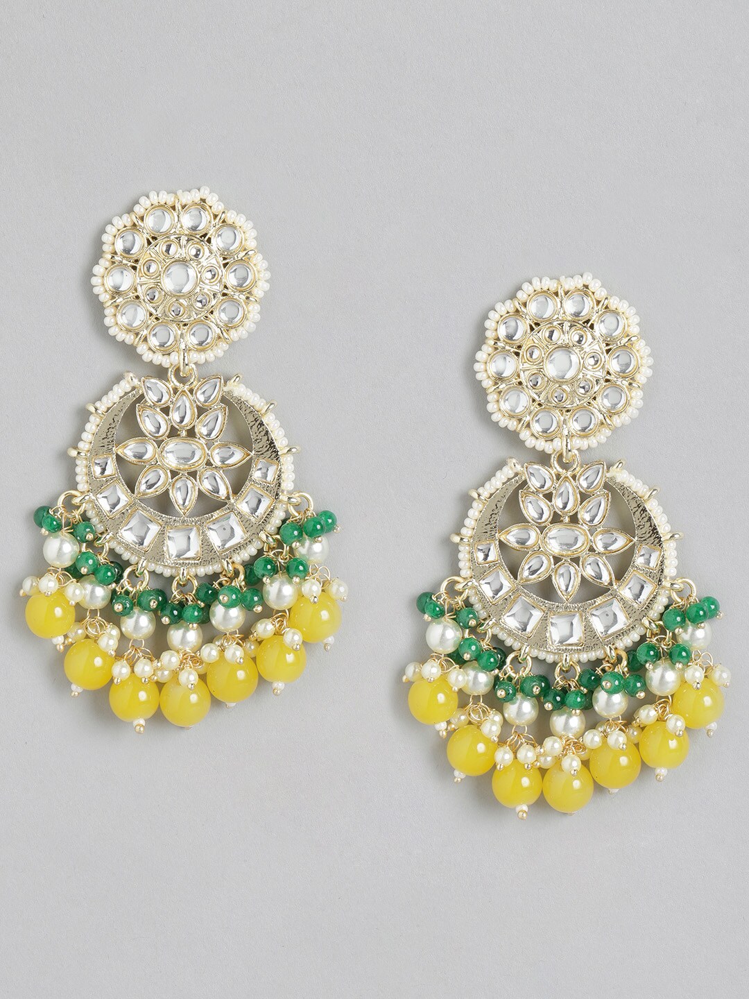 Melani Borsa Gold-Plated Yellow & Green Kundan Crescent Shaped Chandbalis Earrings Price in India