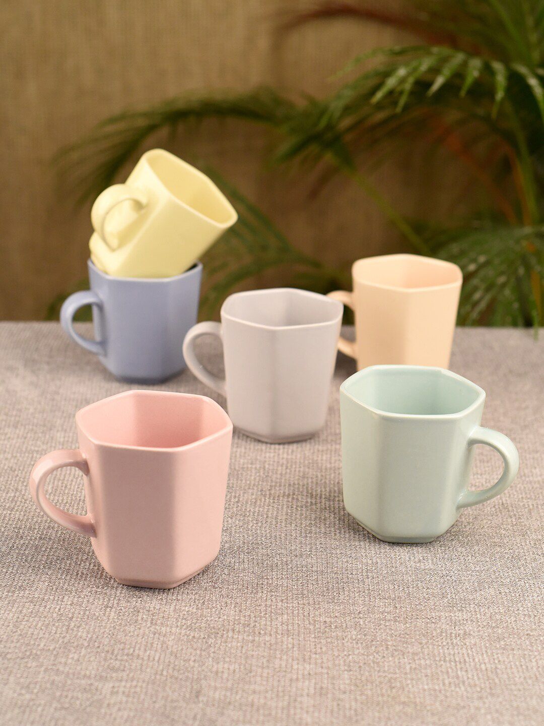 Unravel India Pink & Blue Set Of 6 Hand Painted Solid Ceramic Matte Mugs Price in India