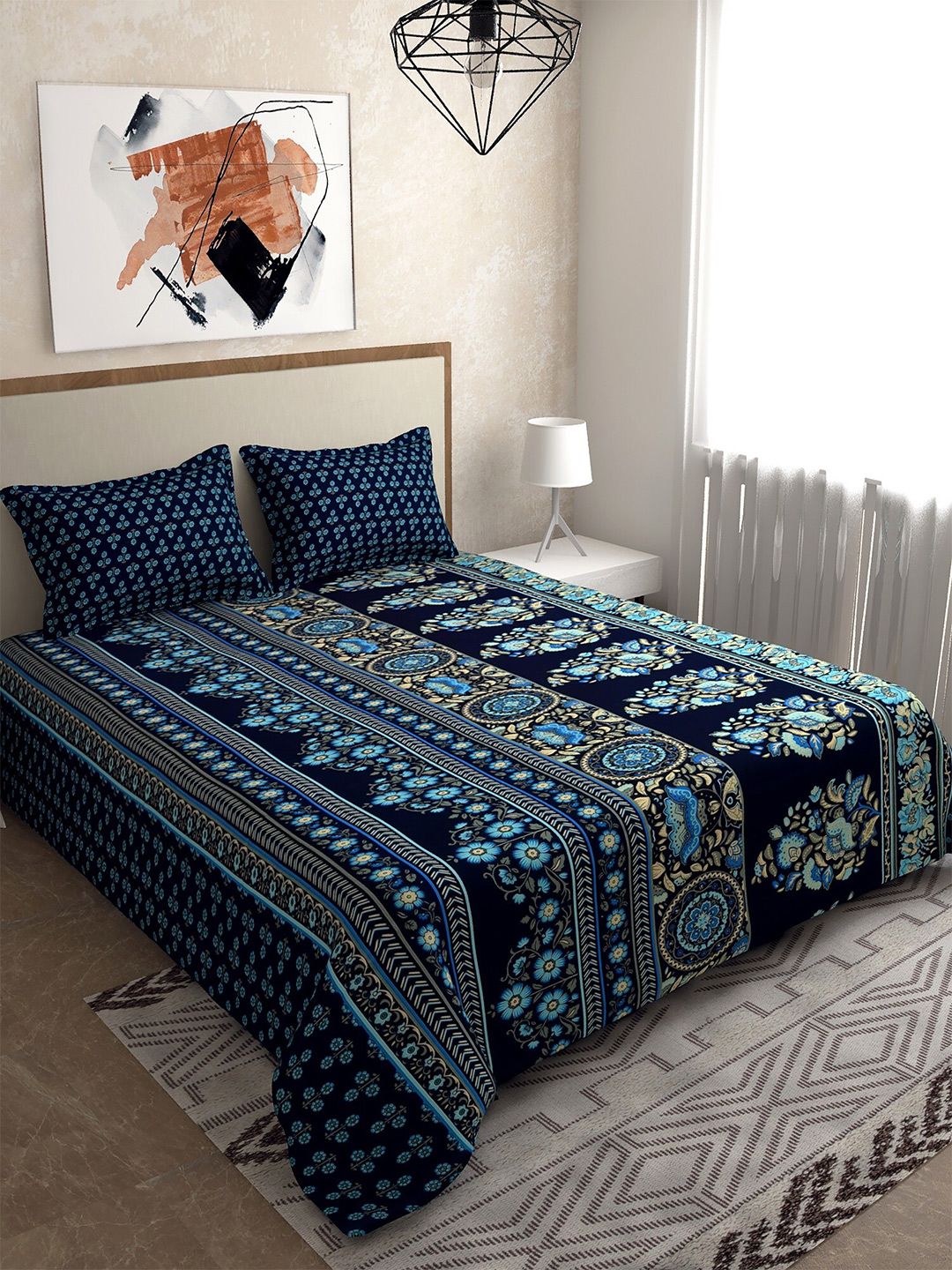 Salona Bichona Blue & Cream Ethnic Motifs 120 TC Queen Bedsheet with 2 Pillow Covers Price in India