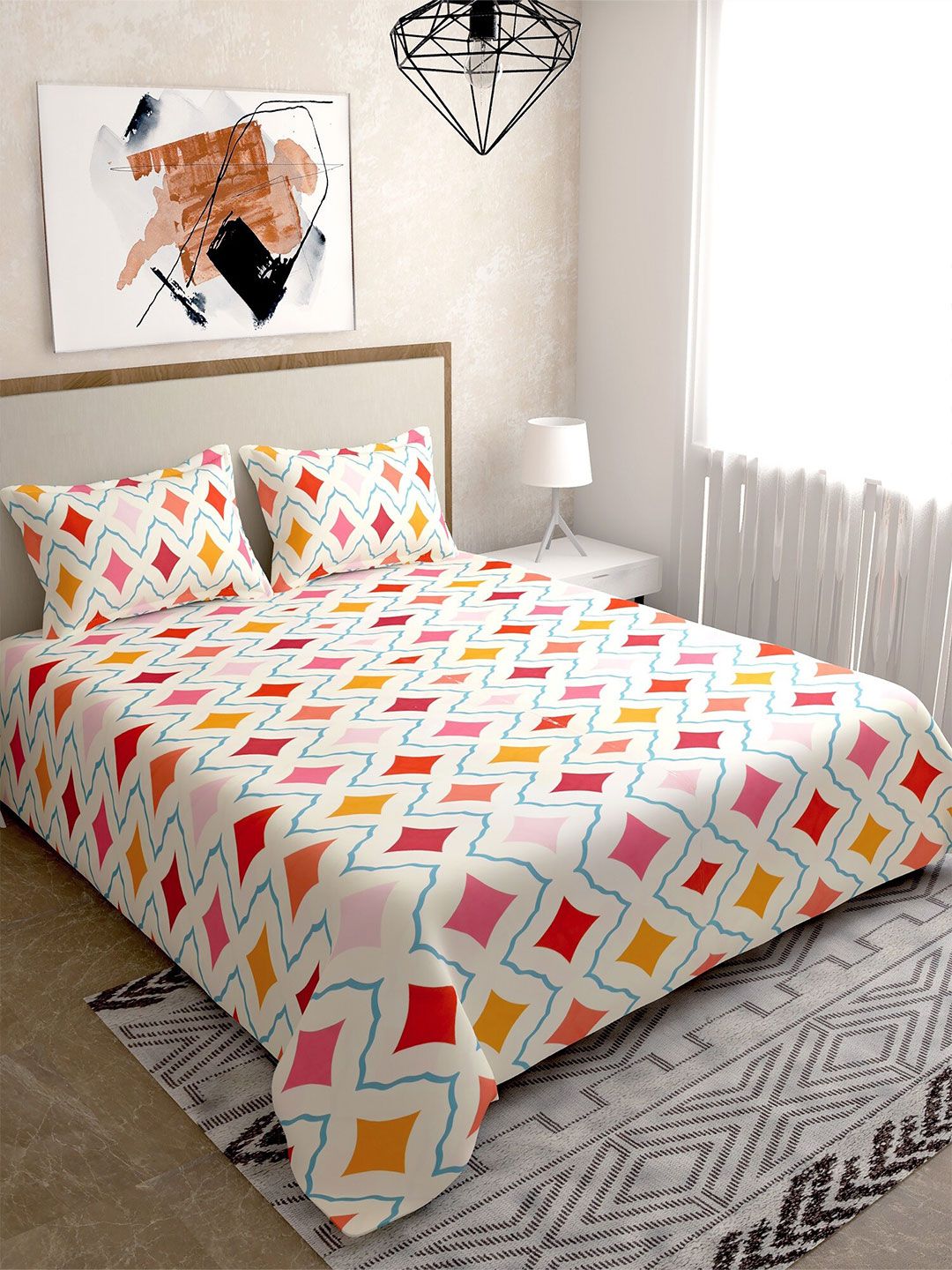 Salona Bichona Off White & Red Geometric 144 TC Queen Bedsheet with 2 Pillow Covers Price in India