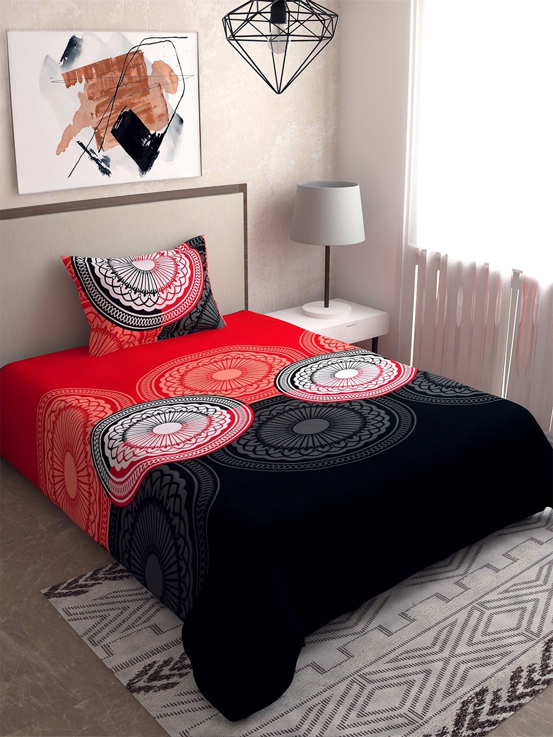 Salona Bichona Black & Red Pure Cotton 120 TC Single Bedsheet with 1 Pillow Covers Price in India