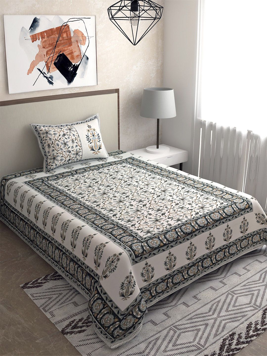 Salona Bichona Grey & Beige Ethnic Motifs 120 TC Single Bedsheet with 1 Pillow Covers Price in India