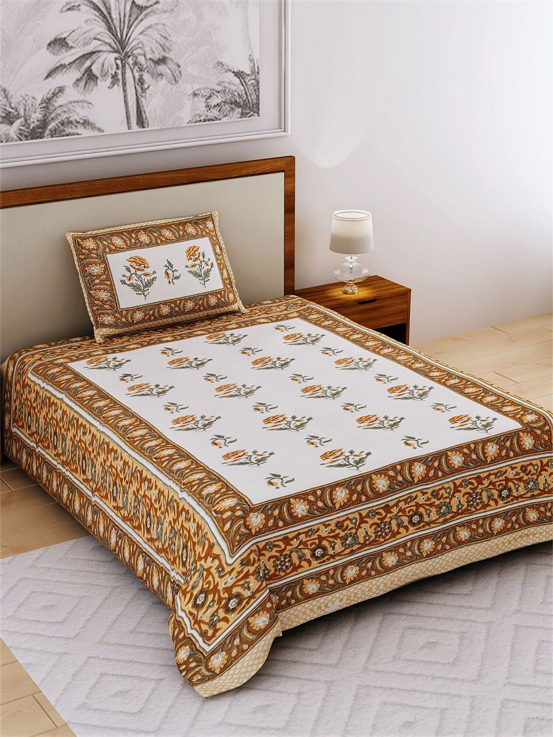 Salona Bichona Brown & Yellow Pure Cotton 120 TC Single Bedsheet with 1 Pillow Covers Price in India