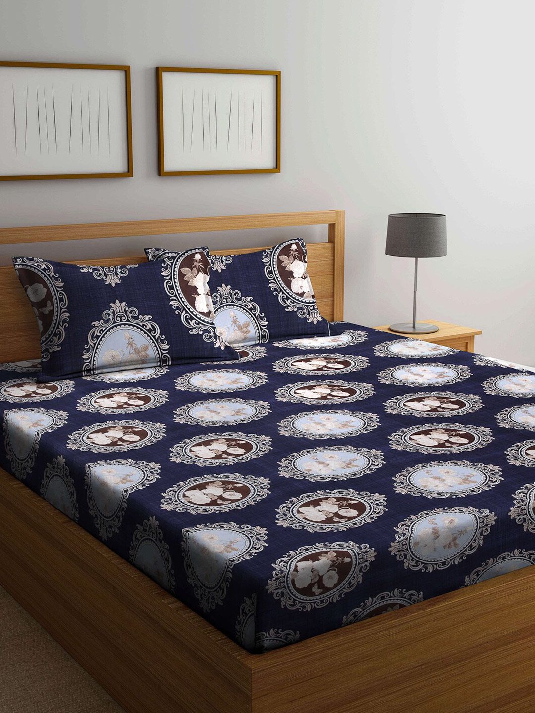 Arrabi Blue & Brown Ethnic Motifs 300 TC King Bedsheet with 2 Pillow Covers Price in India