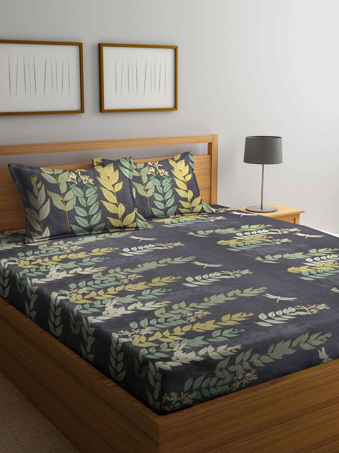Arrabi Grey & Green Floral 300 TC Super King Bedsheet with 2 Pillow Covers Price in India