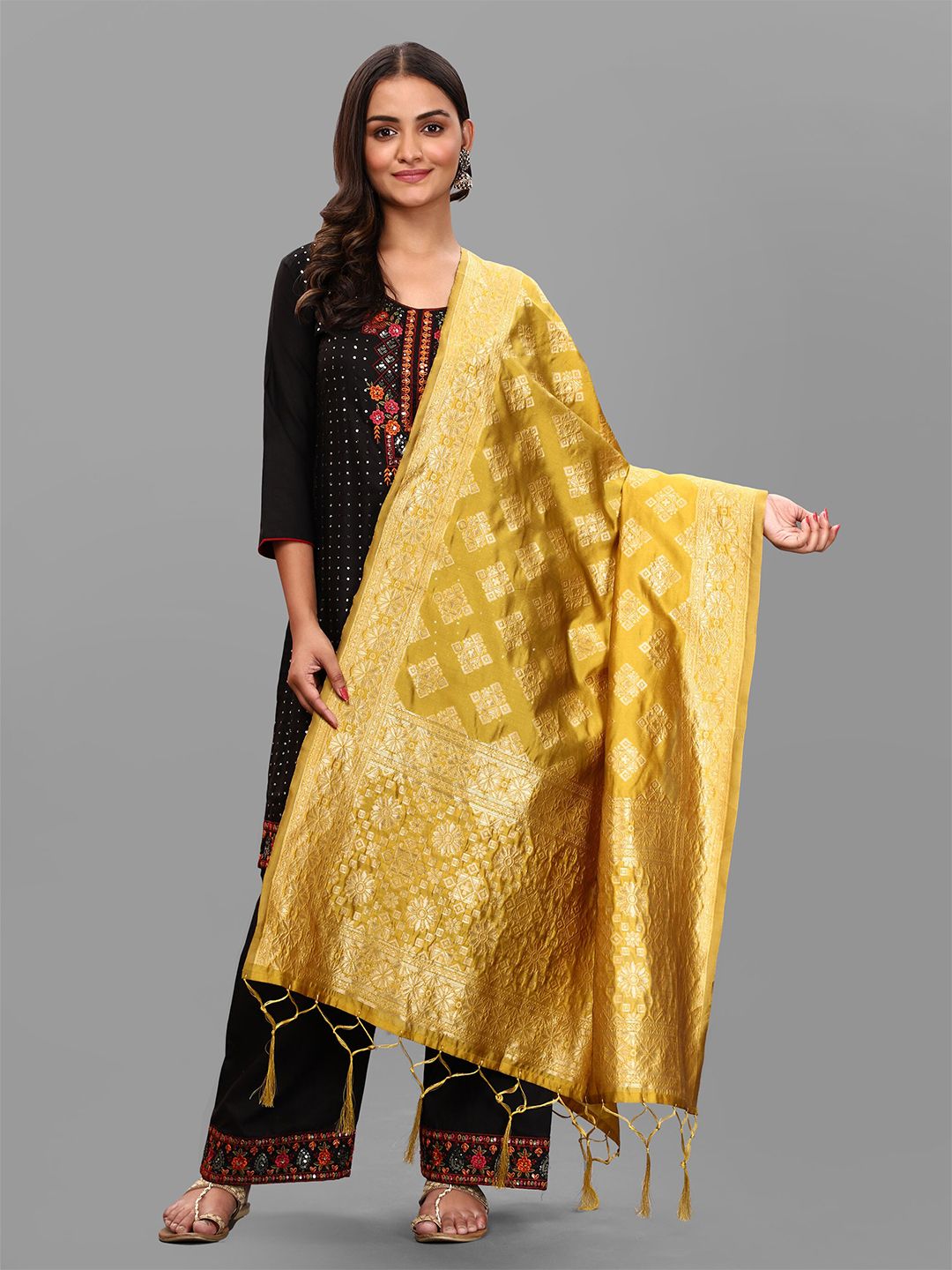 DIVASTRI Yellow & Gold-Toned Woven Design Art Silk Dupatta with Zari
