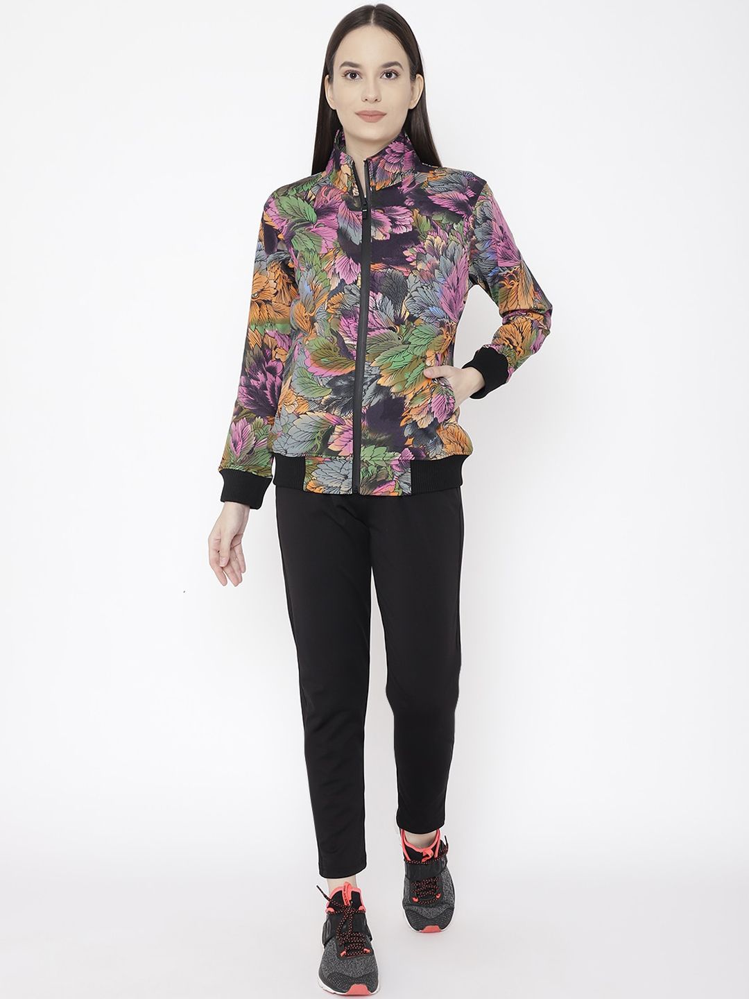 Chkokko Women Pink & Black Floral Printed Sports Tracksuit Price in India
