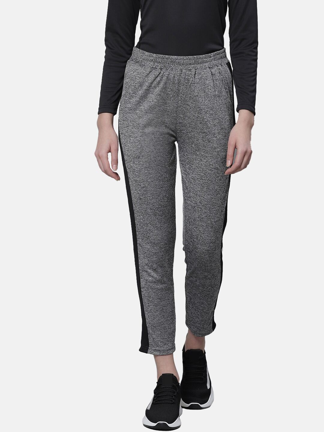 Chkokko Women Grey Melange & Black Solid Track Pants Price in India