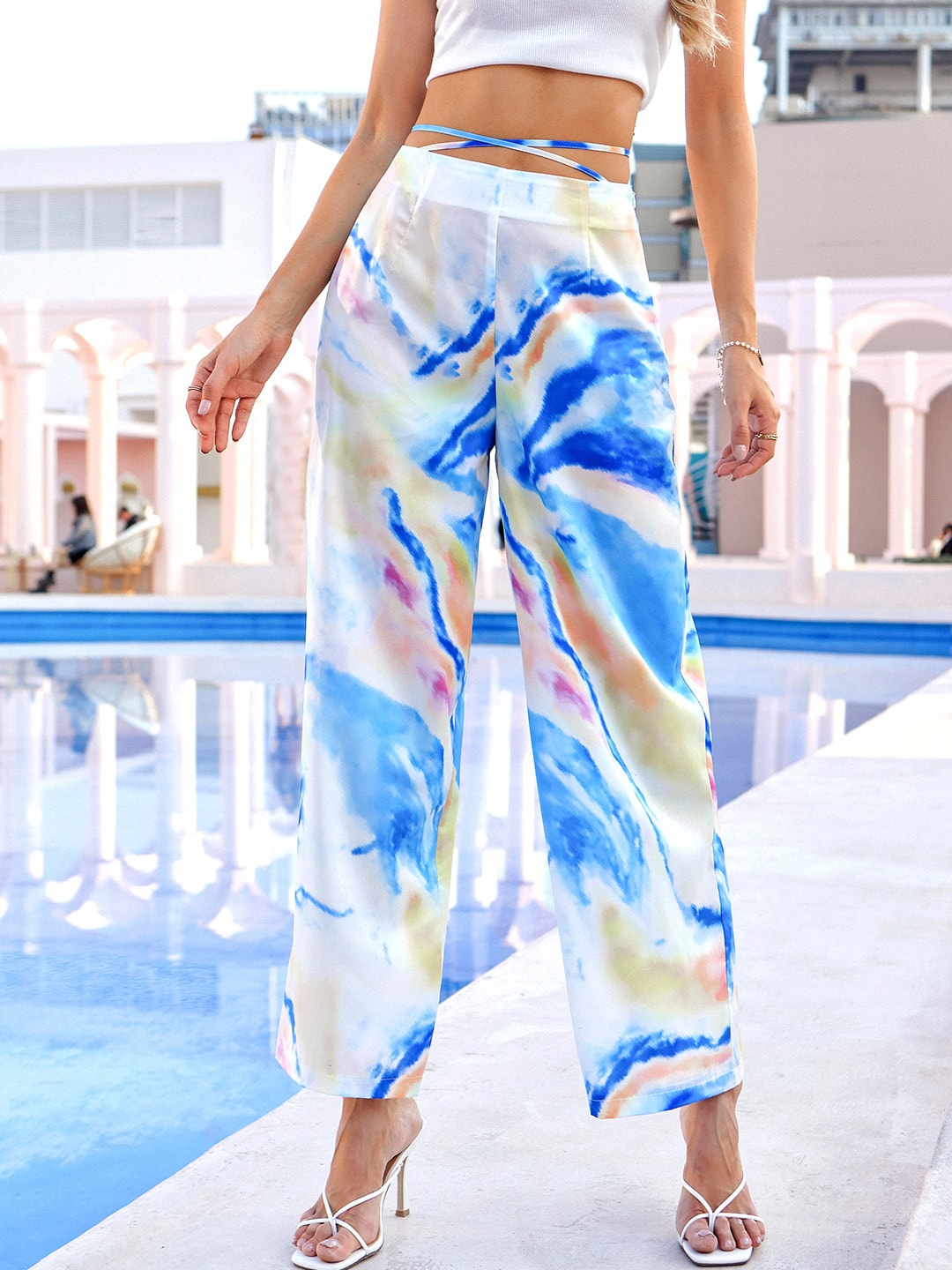 URBANIC Women Blue & White Printed High-Rise Parallel Trousers Price in India
