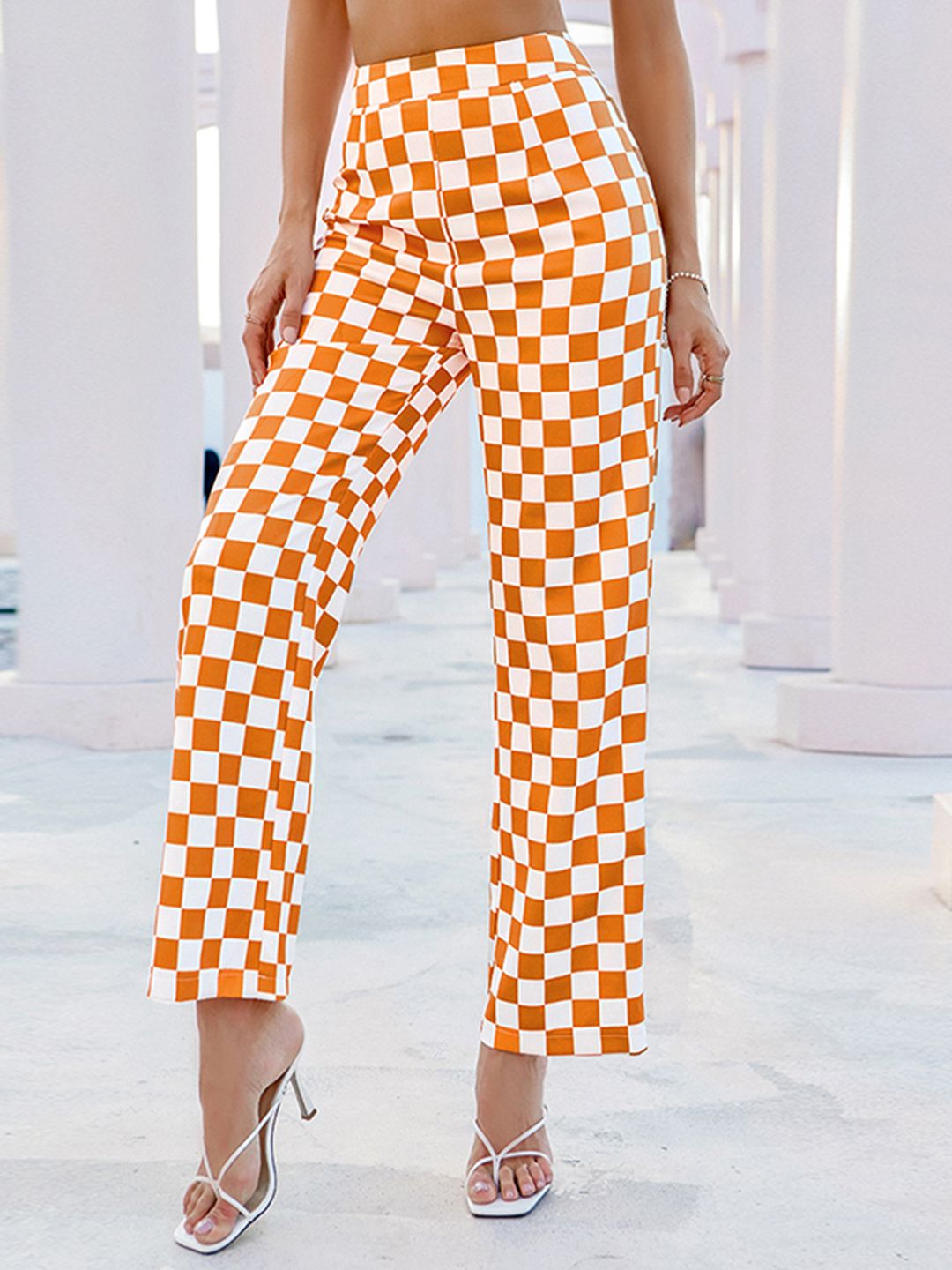 URBANIC Women Orange & White Checked Straight Fit High-Rise Trousers Price in India