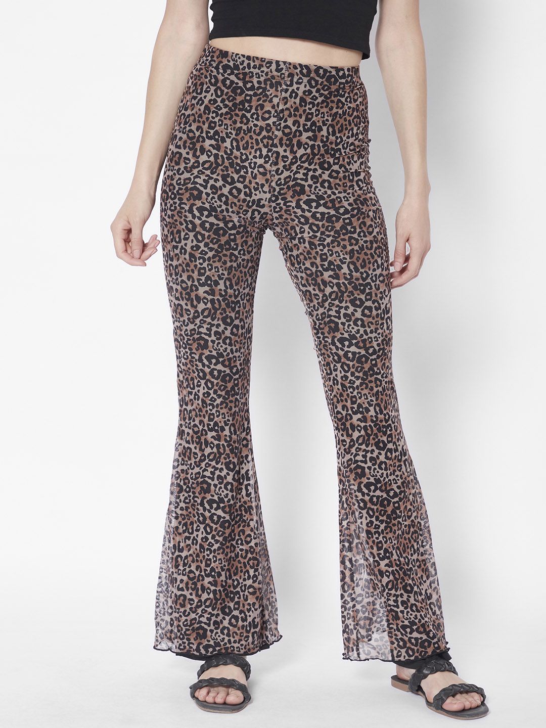 URBANIC Women Brown & Black Animal Printed Flared Trousers Price in India