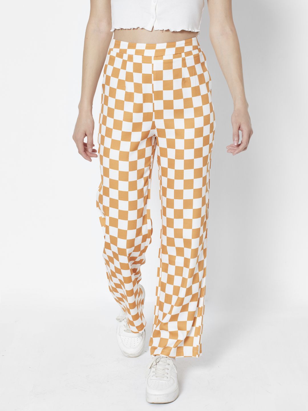 URBANIC Women Orange & White Checked Straight Fit Trousers Price in India