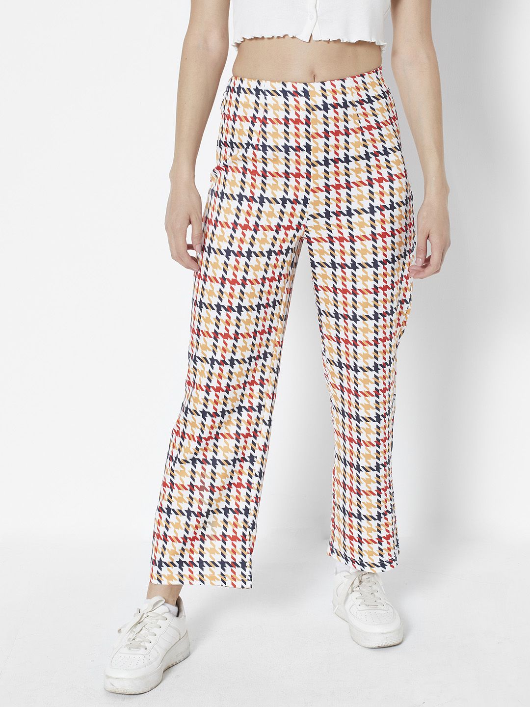 URBANIC Women Navy Blue & Red Printed Straight Fit High-Rise Trousers Price in India