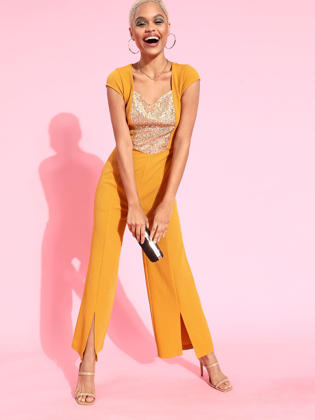 Miss Chase Mustard & Gold-Toned Sequined Basic Jumpsuit Price in India