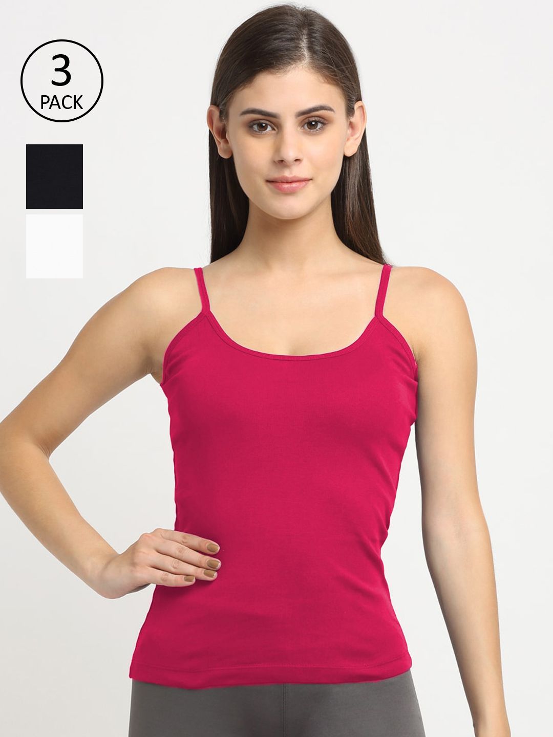 Friskers Women Pack Of 3 Solid 180 GSM Cotton Rib Camisoles