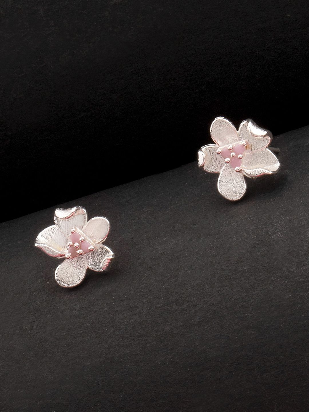 Studio Voylla Silver-Toned Love Paradise Little Floral Studs Earrings Price in India