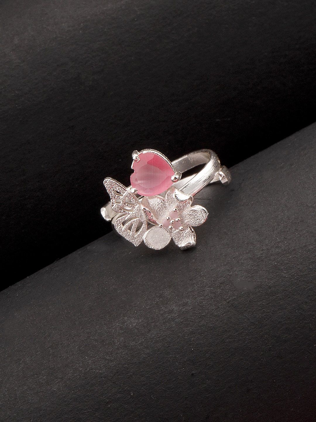 Studio Voylla Silver-Plated Pink Gemstone Studded Love Paradise Statement Finger Ring Price in India