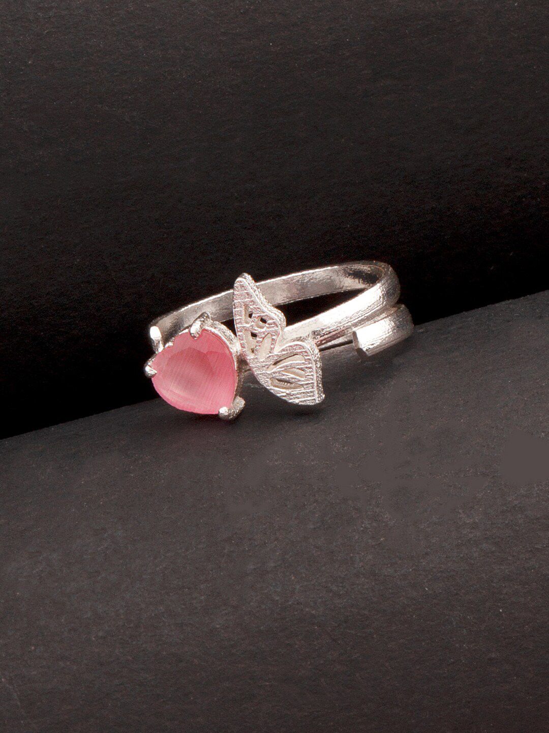 Studio Voylla Women Silver-Plated Pink Gemstone Love Paradise Statement Finger Ring Price in India