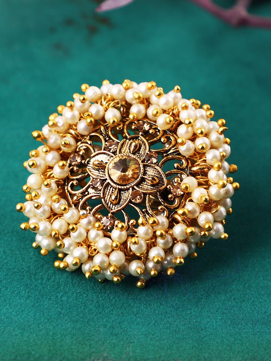 ANIKAS CREATION Woman Gold Tone Embellished With Pearls Adjustable Finger Ring Price in India
