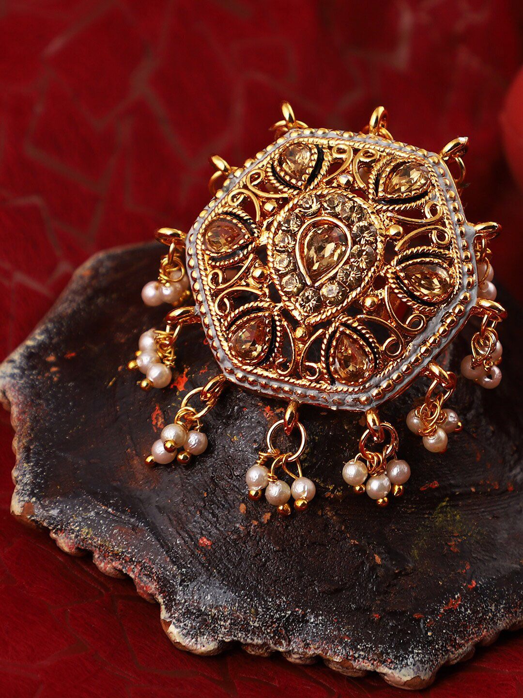 ANIKAS CREATION Gold-Toned Embellished With Pearls Adjustable Finger Ring Price in India