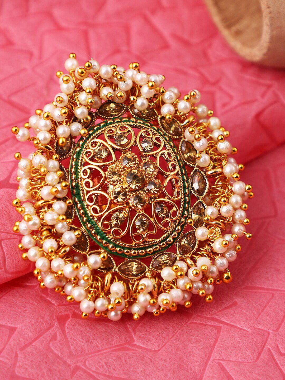 ANIKAS CREATION Gold-Toned Embellished With Pearls Adjustable Finger Ring Price in India