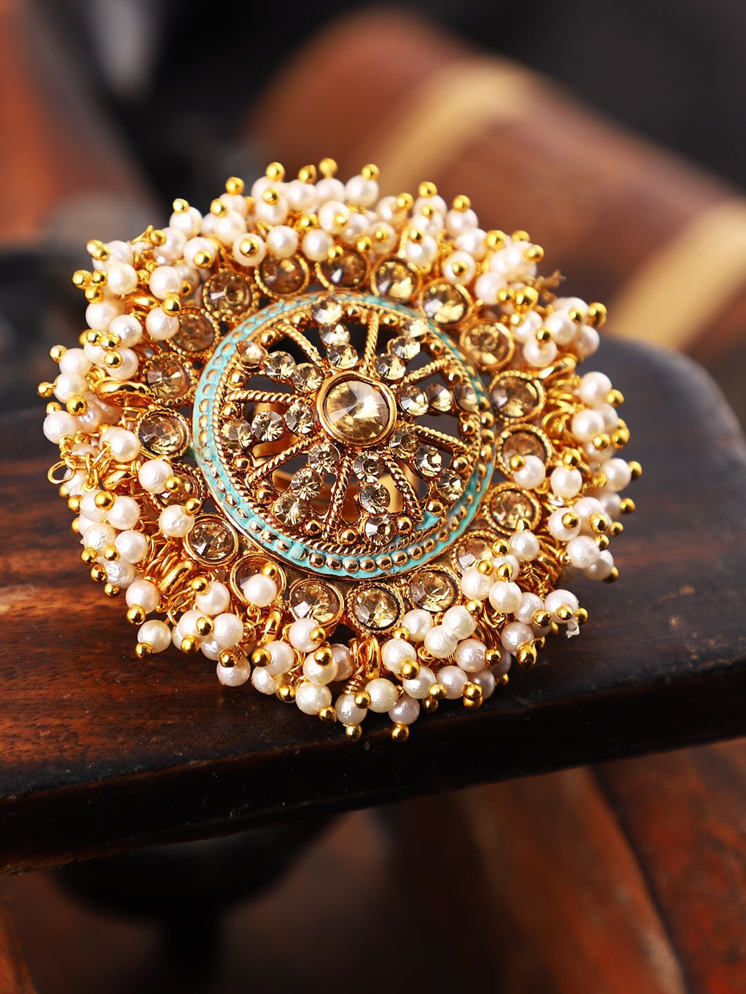 ANIKAS CREATION  Gold-Toned Embellished With Pearls Adjustable Finger Ring Price in India