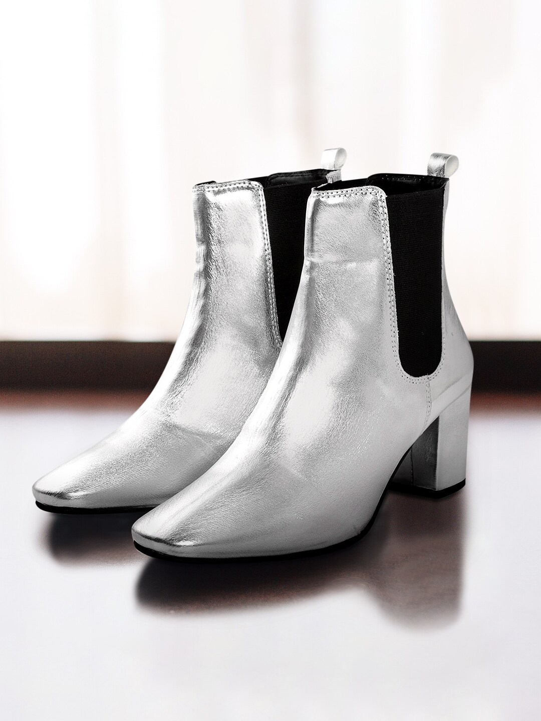 CORSICA Women Silver-Toned & Black Colourblocked Mid-Top Heeled Boots Price in India