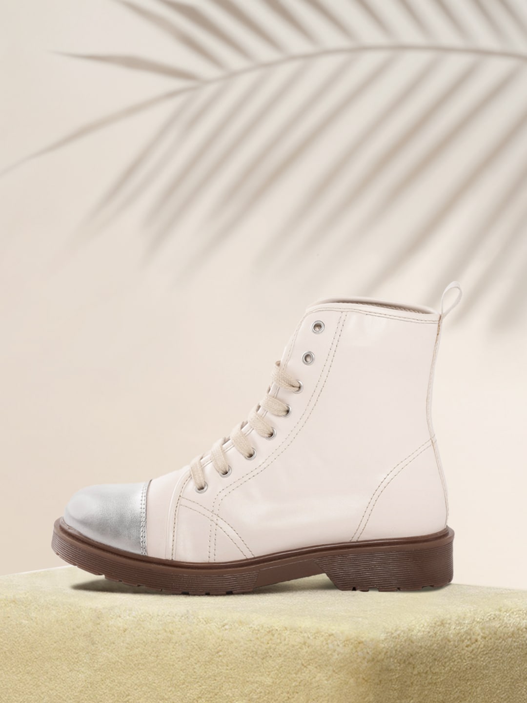 CORSICA Women Cream-Coloured & Silver-Toned Colourblocked Mid-Top Flat Boots Price in India