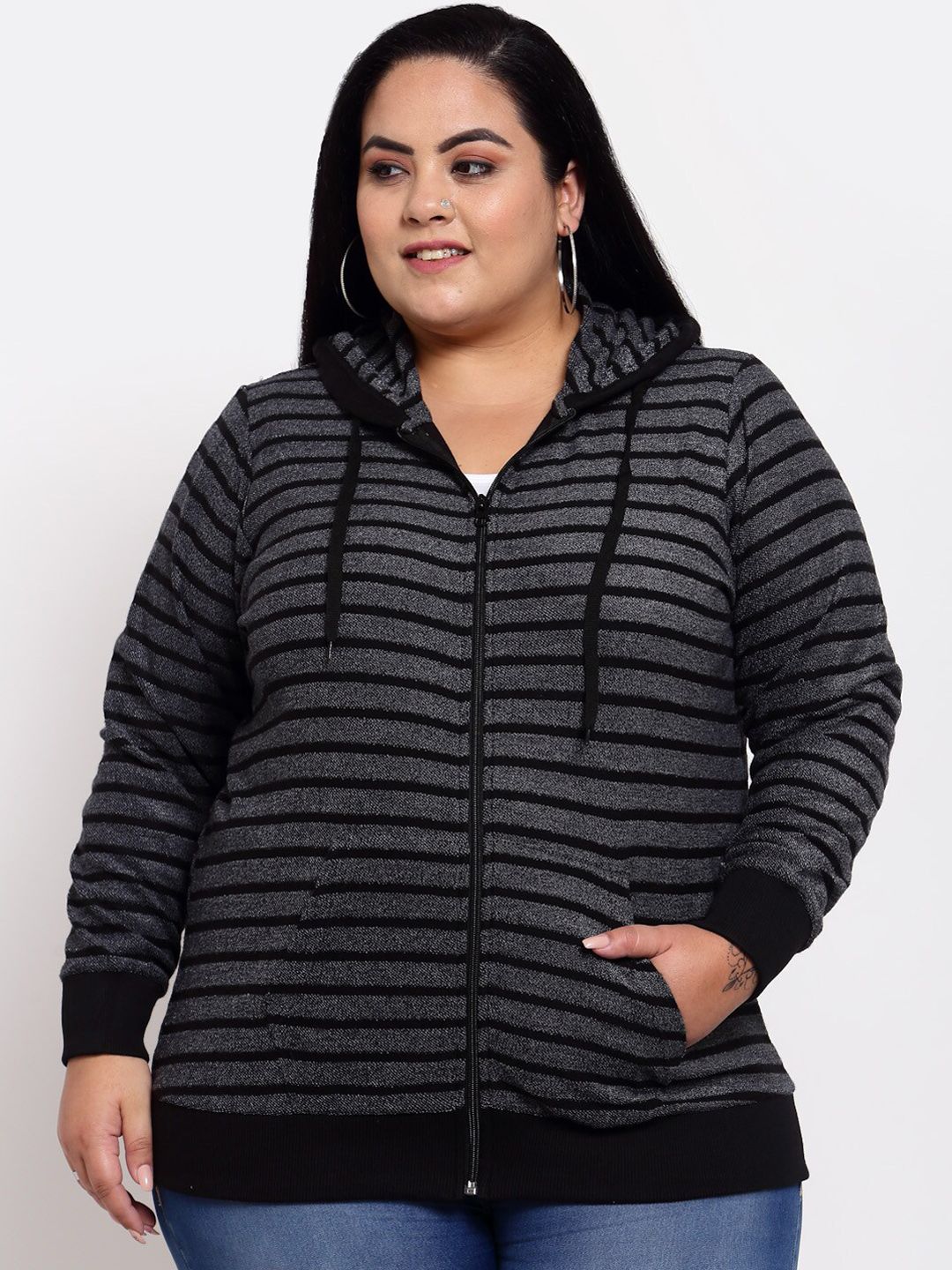 plusS Women Plus Size Black Striped Hooded Sweatshirt Price in India