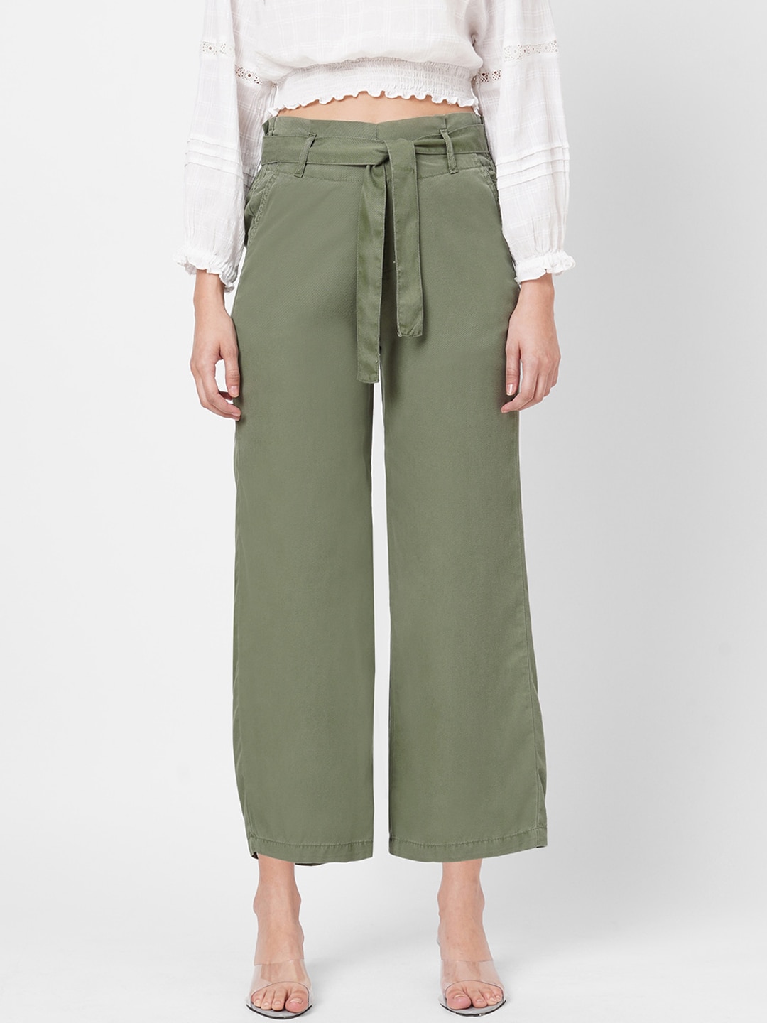 Kraus Jeans Women Olive Green Loose Fit High-Rise Parallel Trousers Price in India