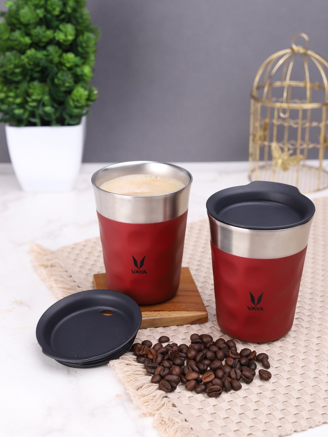 Vaya Red & Silver-Toned Textured Stainless Steel Matte Cups Set of 2 Cups Price in India