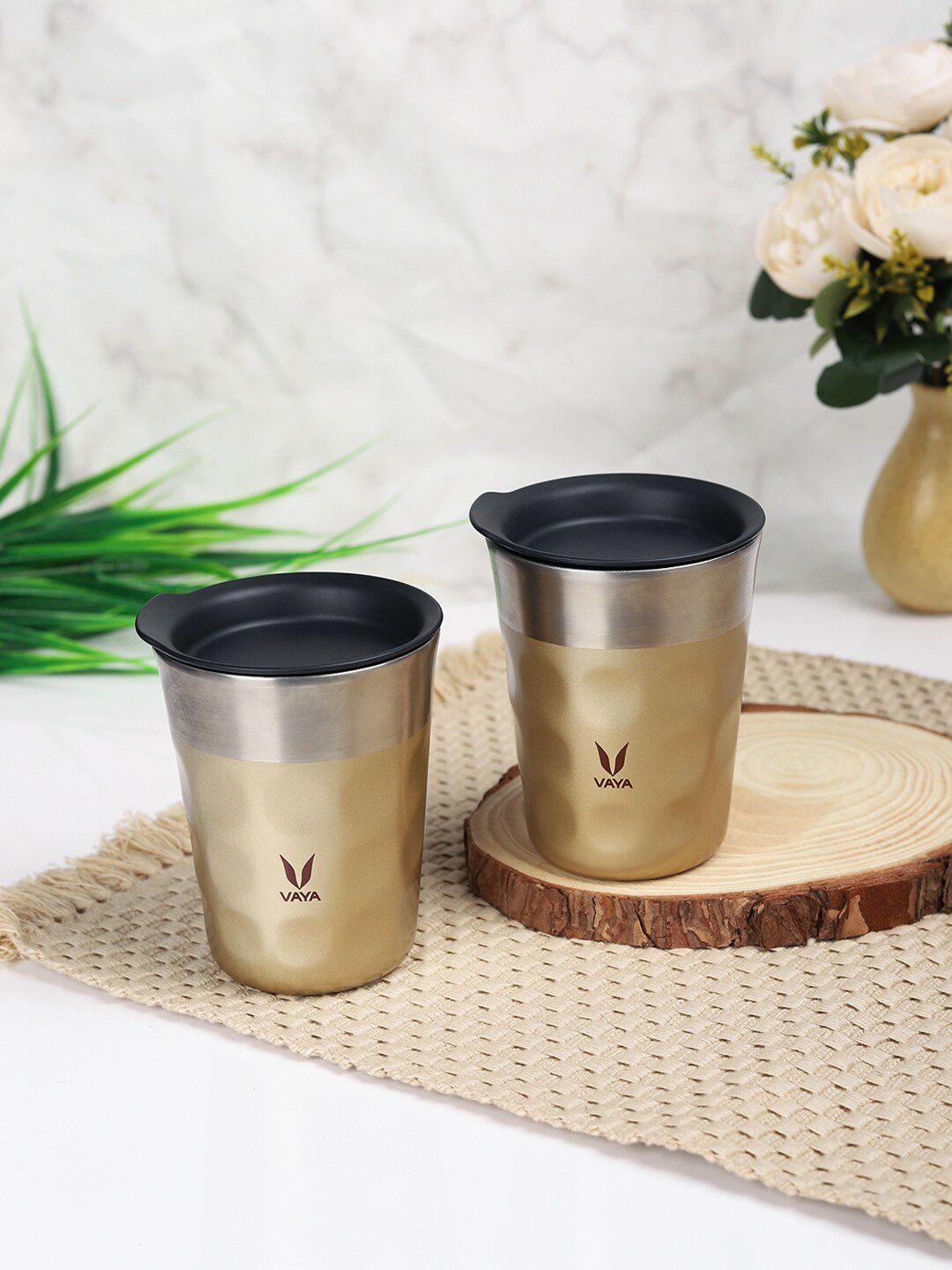 Vaya Gold-Toned & Silver-Toned Textured Stainless Steel Matte Cups Set of Cups and Mugs Price in India