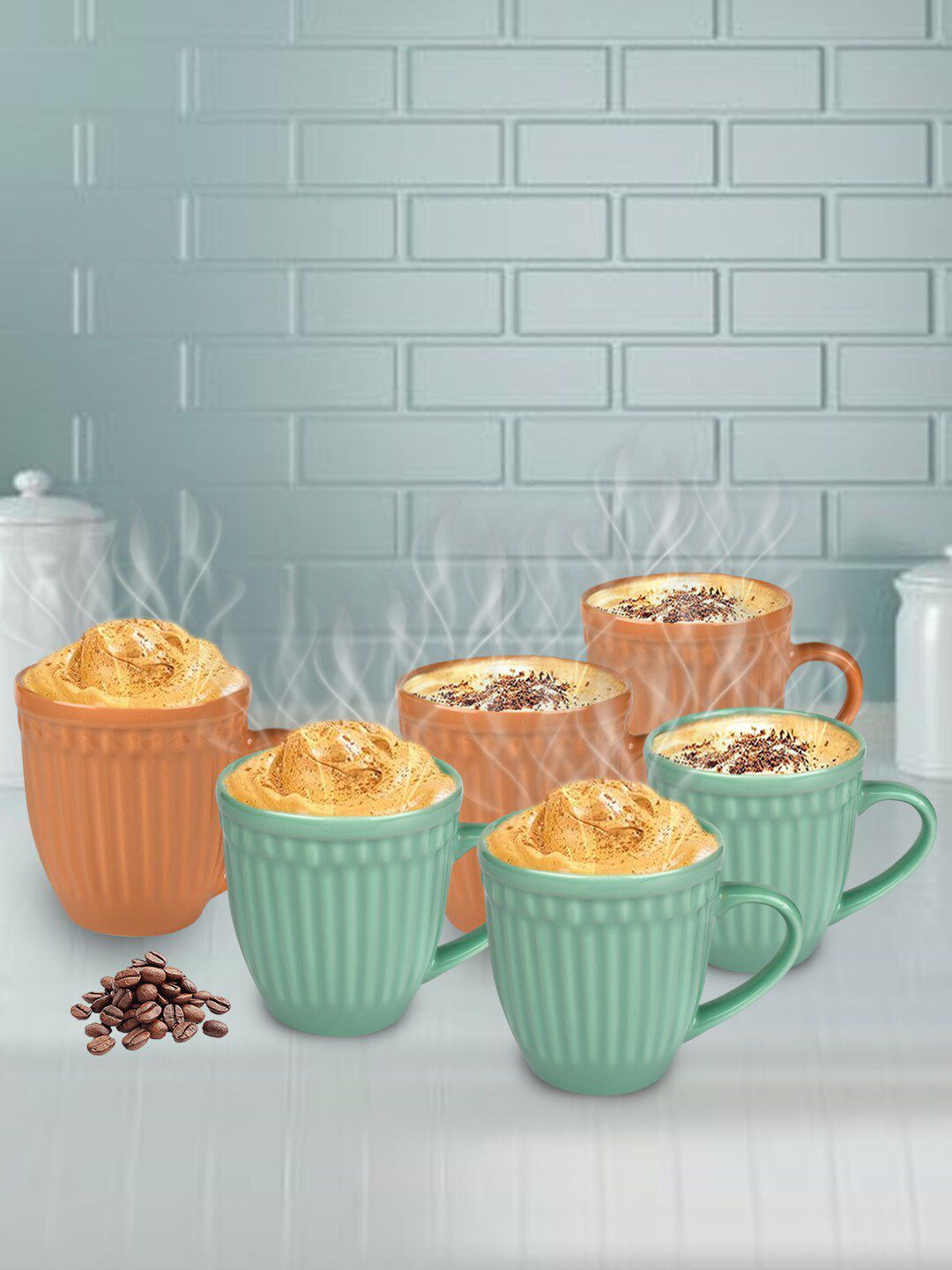 URBAN CHEF Mustard & Sea Green Textured Microwave Safe Ceramic Matte Set of 6 Mugs Price in India