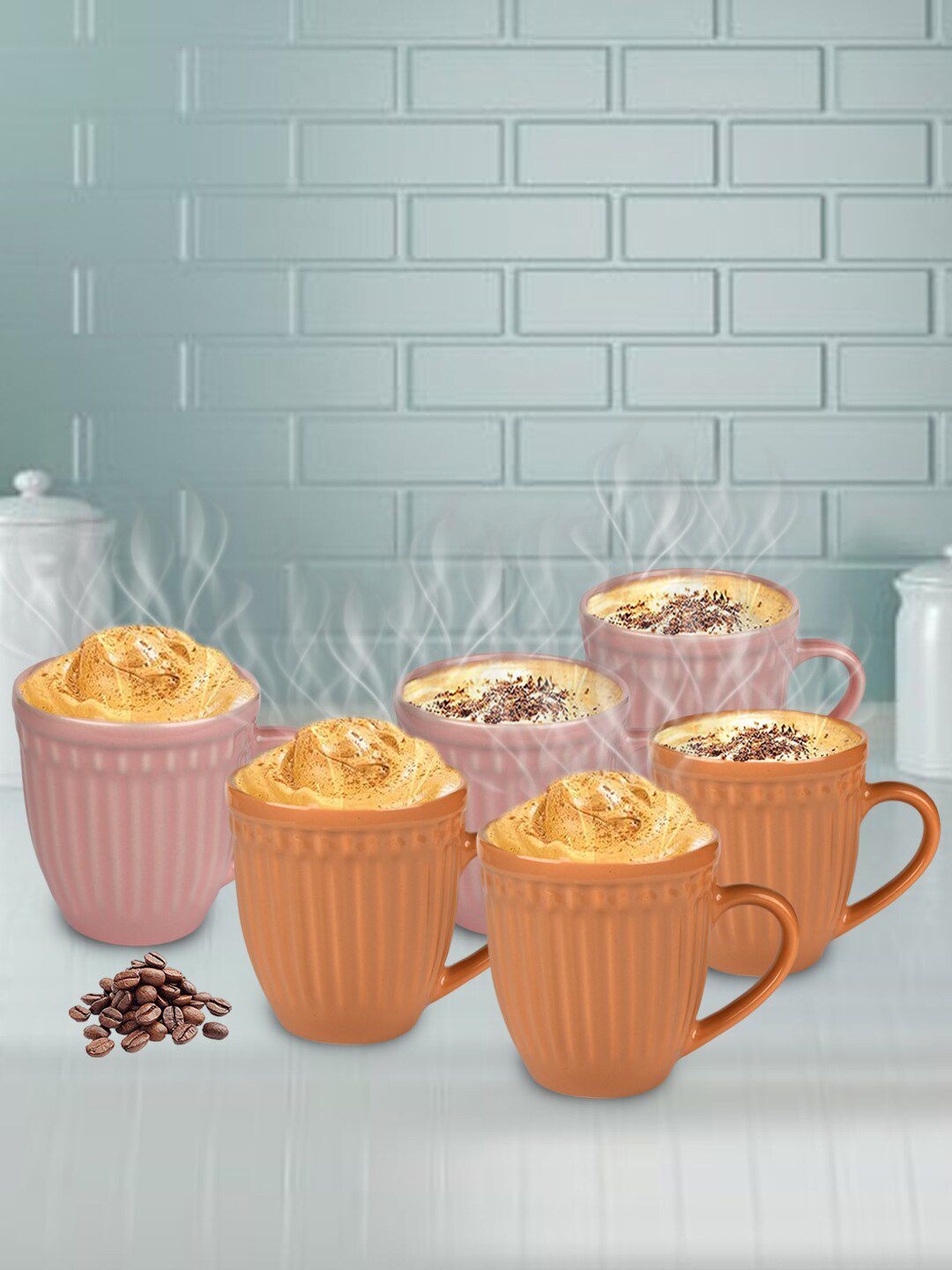 URBAN CHEF Set Of 6 Peach-Coloured & Orange Handcrafted Textured Ceramic Glossy Mugs Price in India