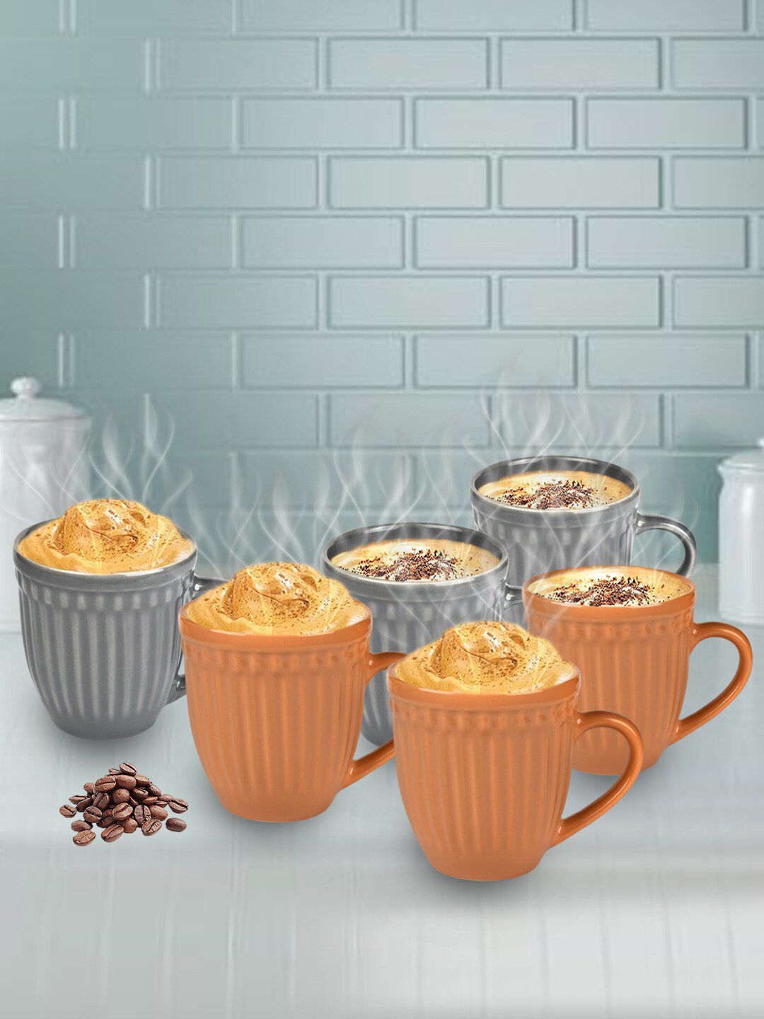 URBAN CHEF Set of 6 Grey & Mustard Textured Ceramic Glossy Mugs Price in India