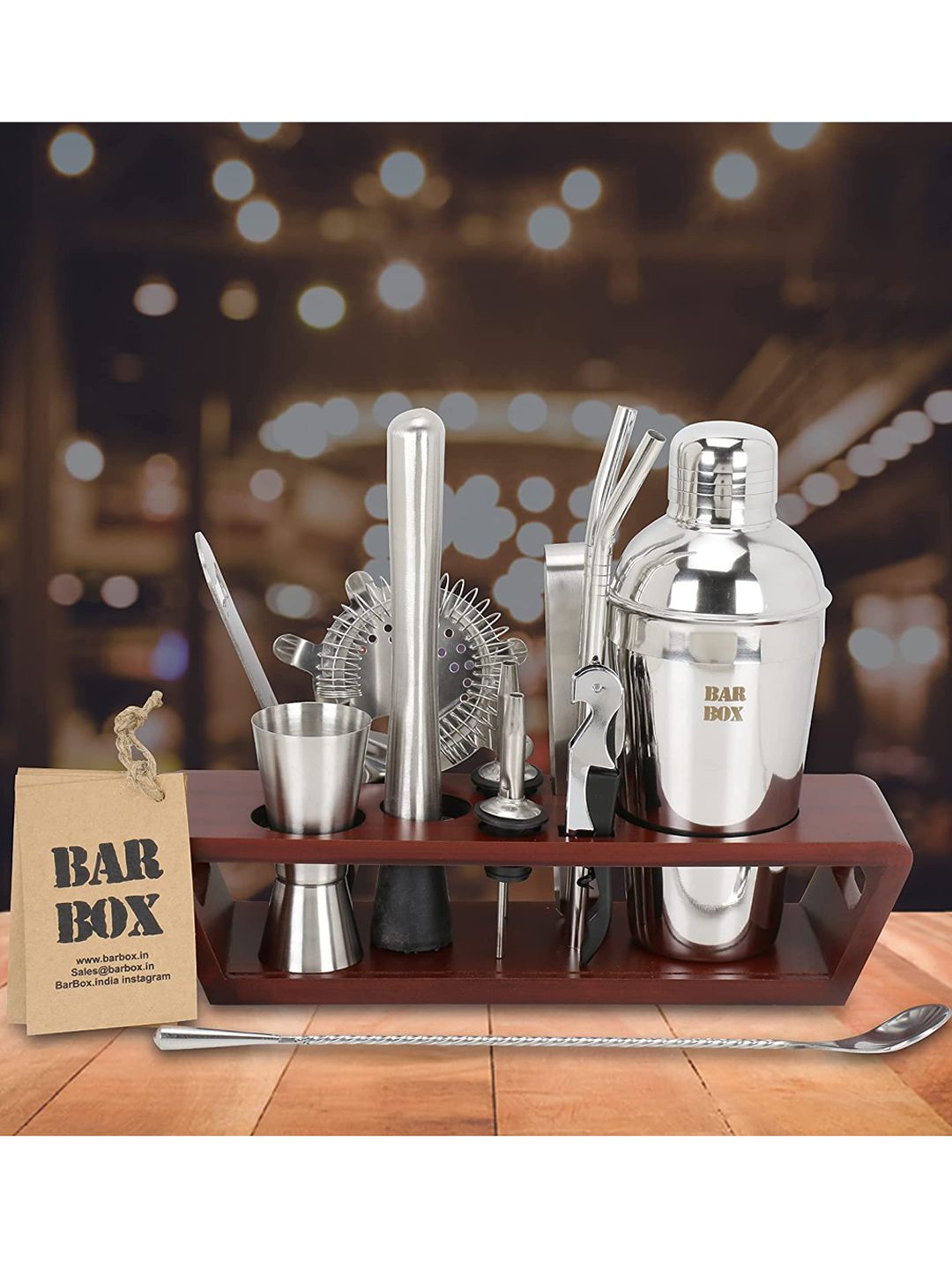 BAR BOX Silver-Toned & Brown Solid Stainless Steel Bar Tool Set With Wooden Stand Price in India
