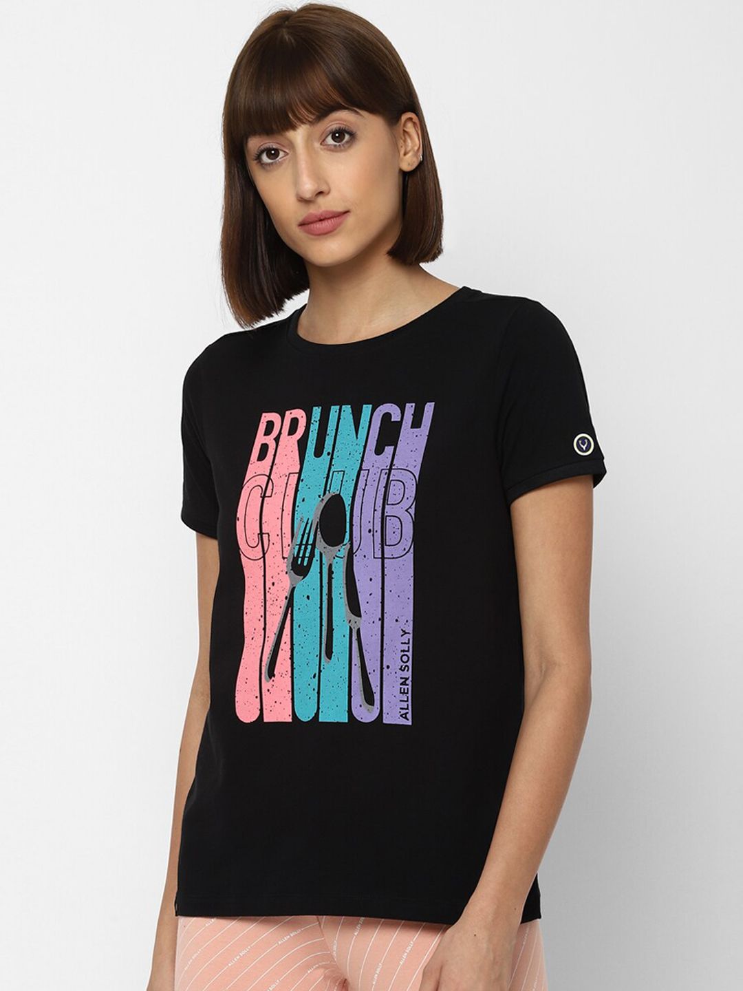 Allen Solly Woman Women Black & Pink Graphic Printed Lounge T-Shirt Price in India