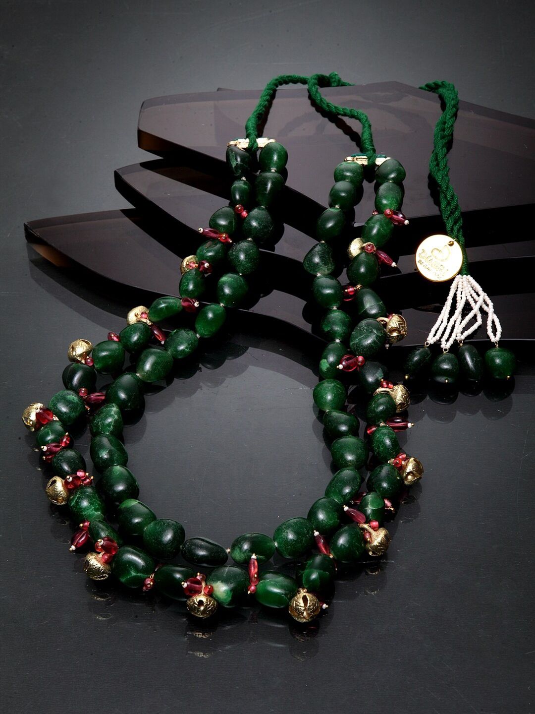 DUGRISTYLE Gold-Toned & Green Faux Emerald Studded Sterling Silver Gold-Plated Necklace Price in India