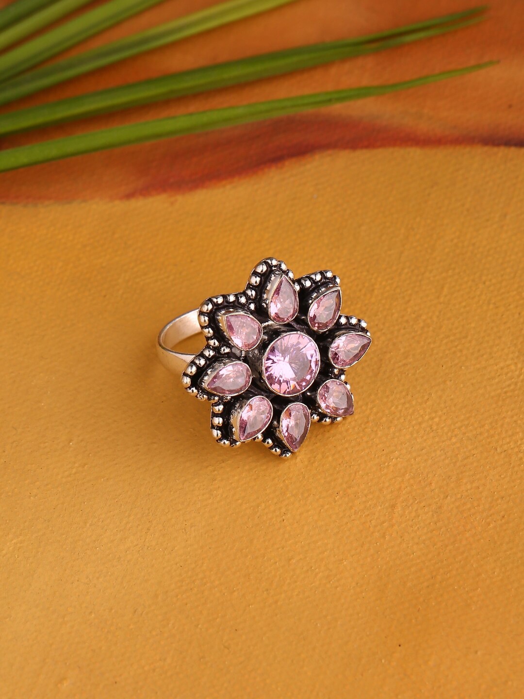 Infuzze Oxidised Silver-Plated Pink Stone-Studded Finger Ring Price in India