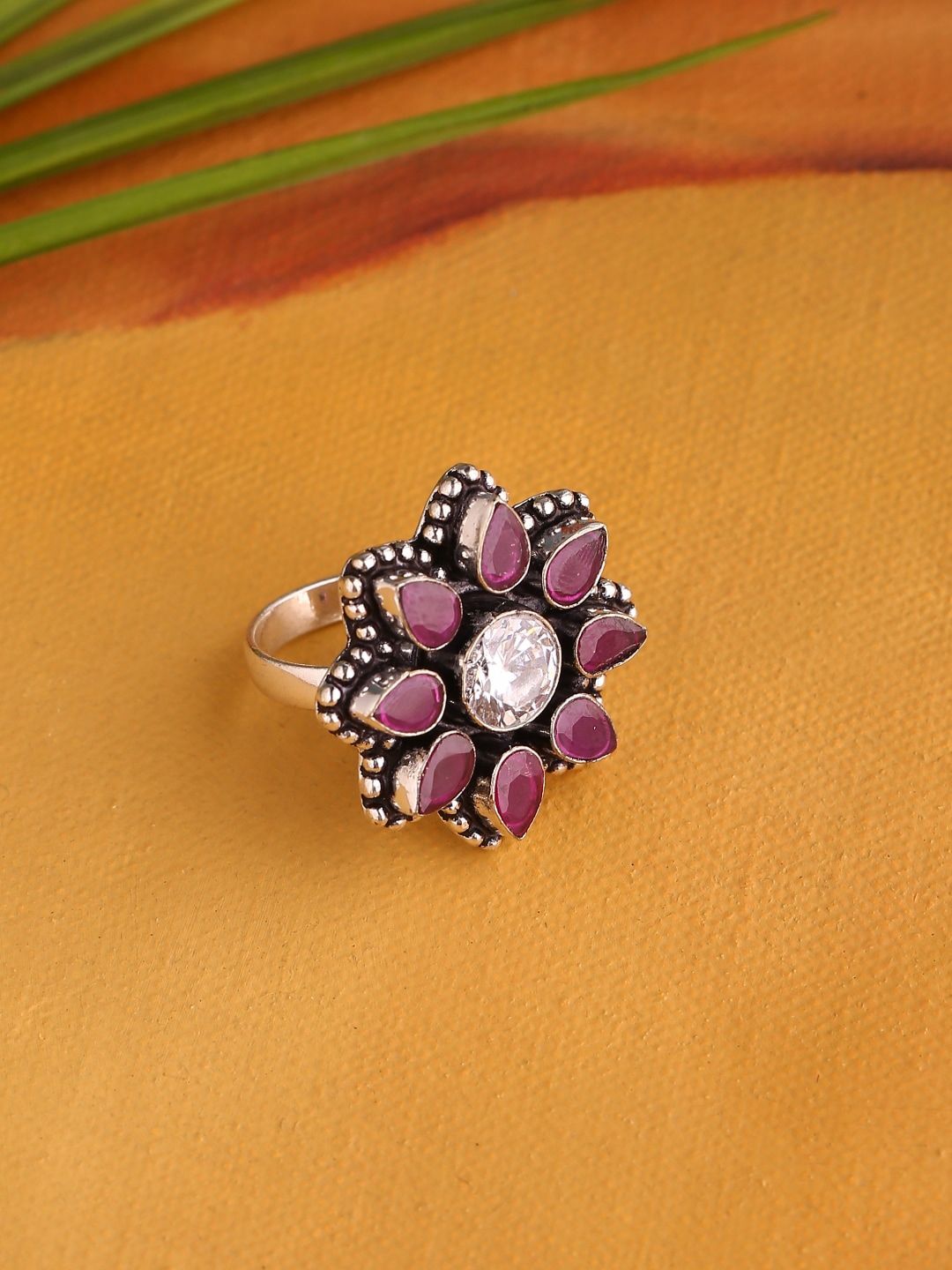 Infuzze Woman Oxidised Silver-Plated Violet Stone-Studded Finger Ring Price in India