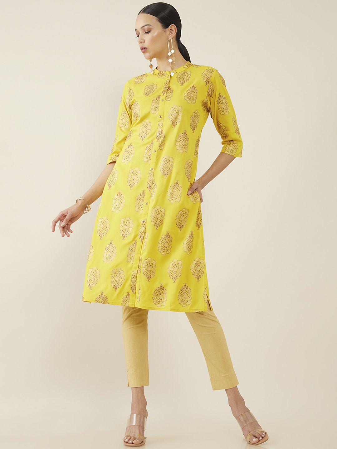 Soch Women Mustard Yellow Ethnic Motifs Printed Kurta Price in India