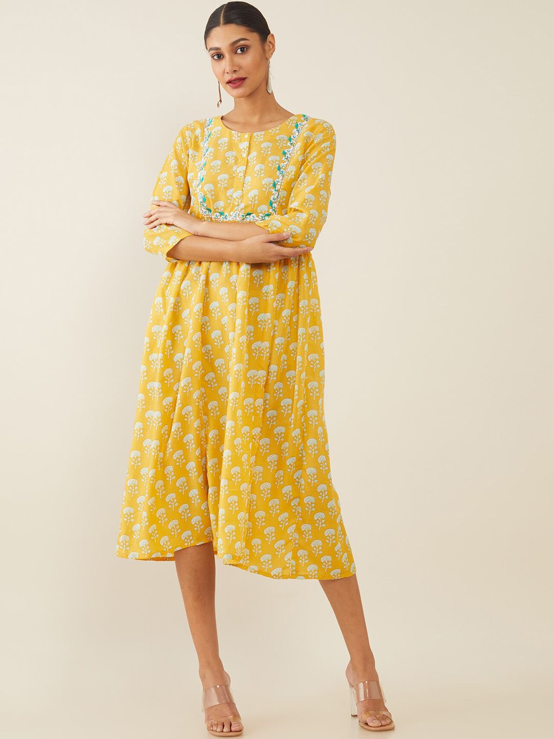 Soch Mustard Yellow Ethnic Motifs Ethnic A-Line Midi Dress Price in India