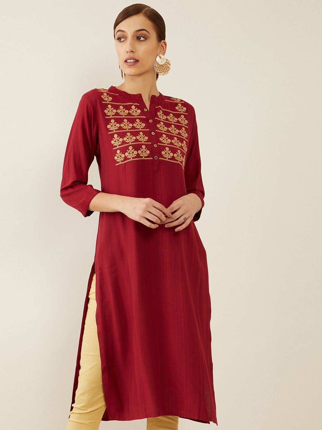 Soch Women Red & Beige Yoke Design Thread Work A-line Kurta Price in India