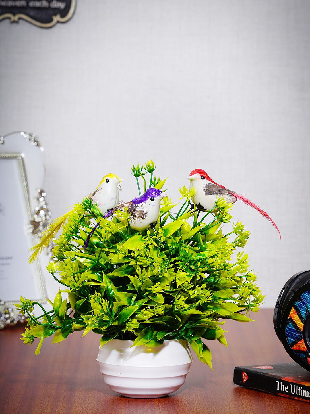 Dekorly Unisex Green & White Decorative Bonsai Plant With 3 Birds & Pot Price in India