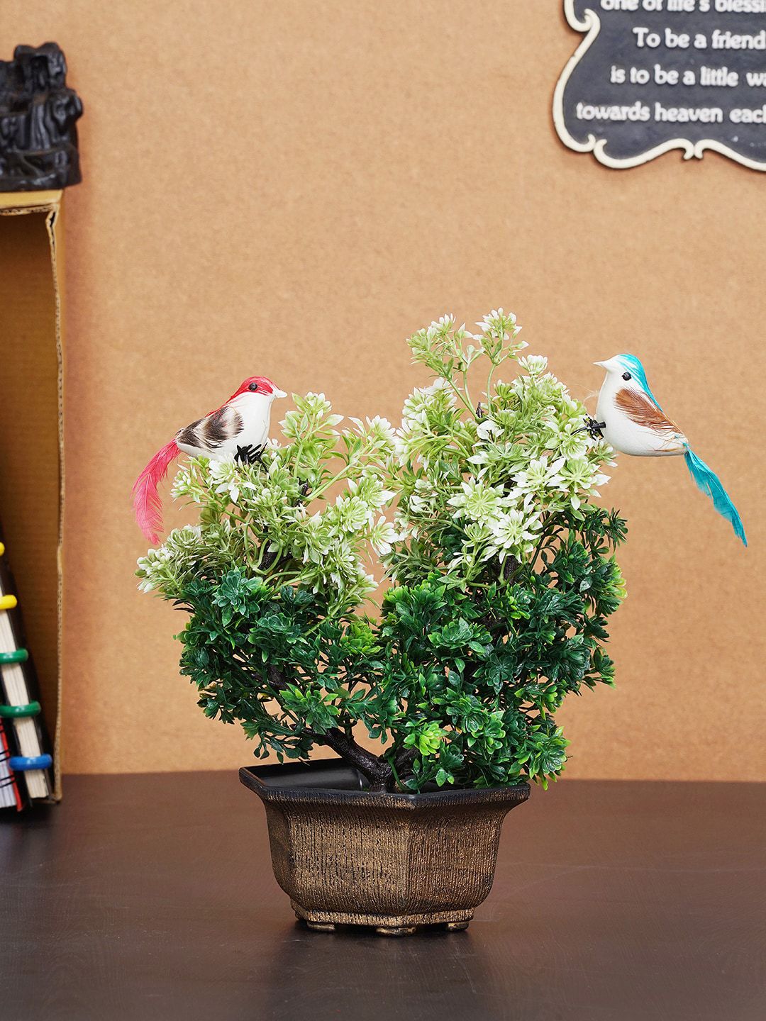 Dekorly Green & Gold-Toned Decorative Bonsai Plant With 2 Birds & Pot Price in India